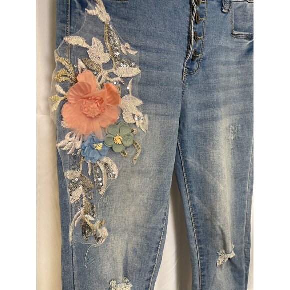 Love Couture Women's Blue Skinny Stretch Jeans With Floral Design S-9/10 SKU2565 - Picture 2 of 6